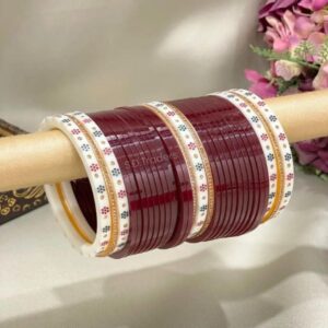 Punjabi Chura Set with Flower Dotted Bangles In Maroon Colour