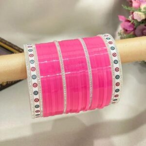 Pink Bridal Chura With Dotted And Silver Bangles