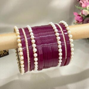 Wine Blossom Wedding Chura With Moti Set