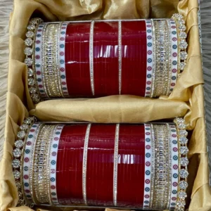 Punjabi Chura Set with Flower Dotted Bangles In Maroon Colour