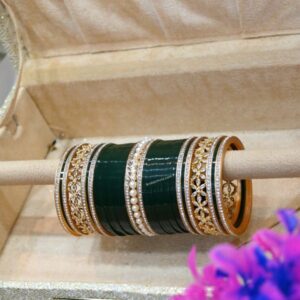 Green Chooda Set With Semi Diamond Pearl Bangles