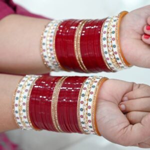 Punjabi Maroon chura With Dotted And Kundan Bangles