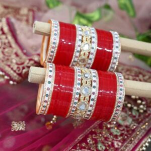 Red Bridal Bangles In Kundan Style With Dotted Bangles