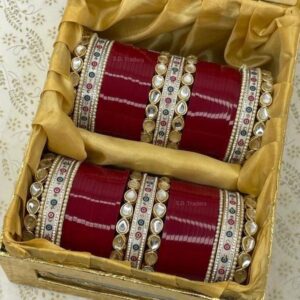 Most Beautiful Bridal Maroon Chura With Kundan Pearl Bangles