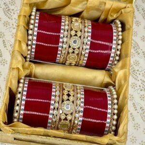 Kundan Bridal Chura With Pearl Bangles In Maroon Colour