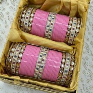 Pink Chura Set With Dotted And Kundan Bangles