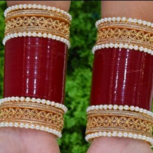 Bridal Maroon chura Set American Diamond Moti Bangles