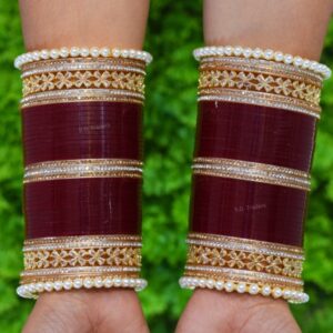 American Diamond Chura For Bride In Maroon Colour