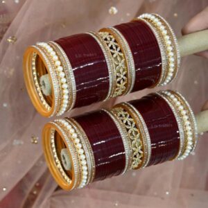 Dark Maroon American Diamond Chooda With Moti Pearl Bangles