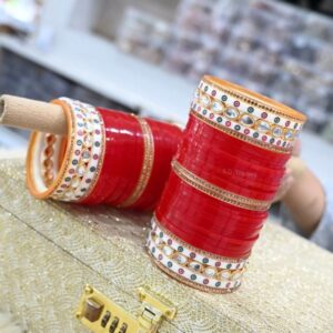 Red Chura Bangles In Kundan Style With Dotted Bangles