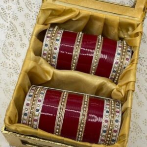 Red Bridal Chura Set With Dotted And Moti Pearl Bangles