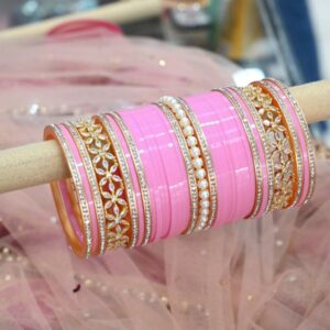 Bridal Chura In Pink Colour With American Diamond Bangles