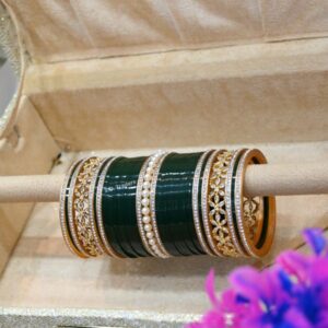 Green Chooda Set With Semi Diamond Pearl Bangles