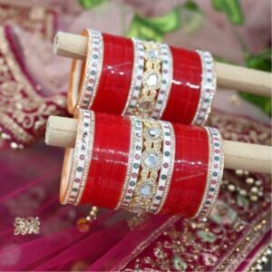 Red Bridal Bangles In Kundan Style With Dotted Bangles
