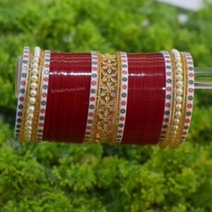 Maroon Chura For Bride With Dotted And Pearl Bangles
