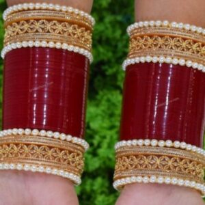 Bridal Maroon chura Set American Diamond Moti Bangles