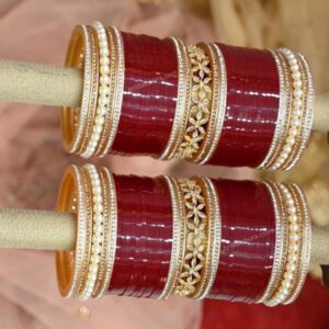 Maroon American Diamond Chooda With Moti Pearl Bangles