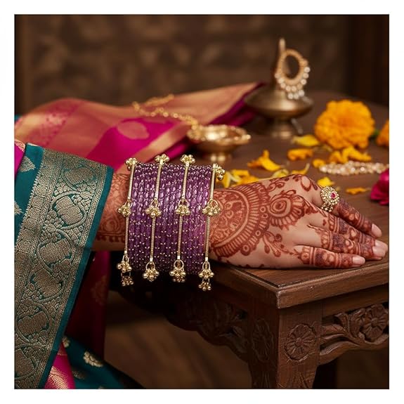 Regal purple rain drop bangles with kashmiri ghungroo bangles for women and girls, a set of 12 bangles - Image 5