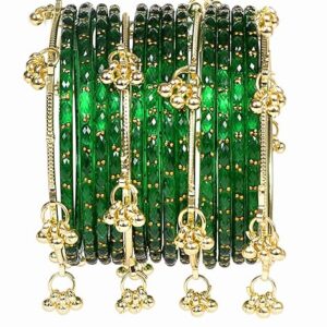 Green Rain Drop Bangles with Kashmiri Ghungroo bangles for women and girls, a set of 12 bangles
