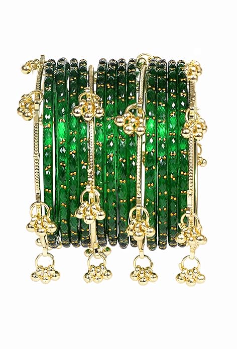 Green Rain Drop Bangles with Kashmiri Ghungroo bangles for women and girls, a set of 12 bangles