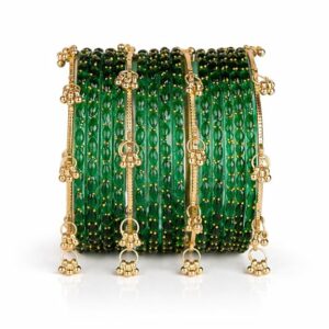 Shop Trending Green Raindrop Bangles with Ghungroo Set of 12 at Bridal Chura. Elegant ethnic bangles perfect for weddings, festivals, bridal wear, and party styling.