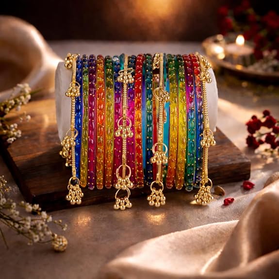 Traditional Dark Multi Raindrop Bangles with Ghungroo - Image 7