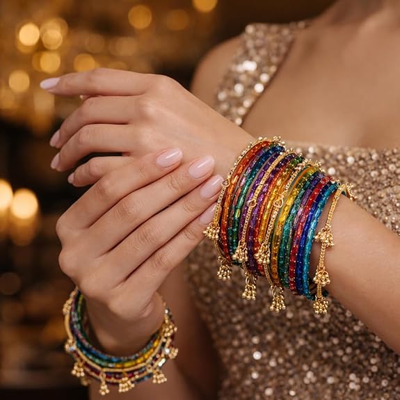 Traditional Dark Multi Raindrop Bangles with Ghungroo - Image 8