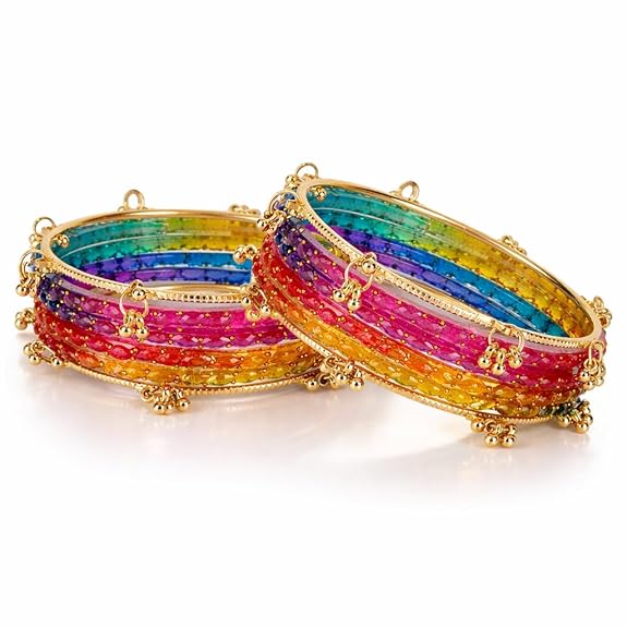 Traditional Dark Multi Raindrop Bangles with Ghungroo - Image 3