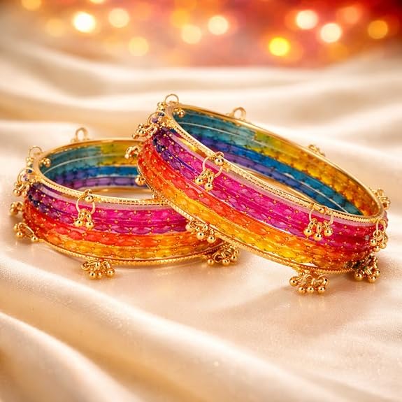 Traditional Dark Multi Raindrop Bangles with Ghungroo - Image 6