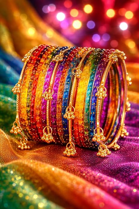 Traditional Dark Multi Raindrop Bangles with Ghungroo - Image 5