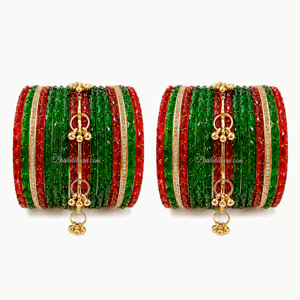 Sawan Shringar Green & Red Crystal Glass Bangles